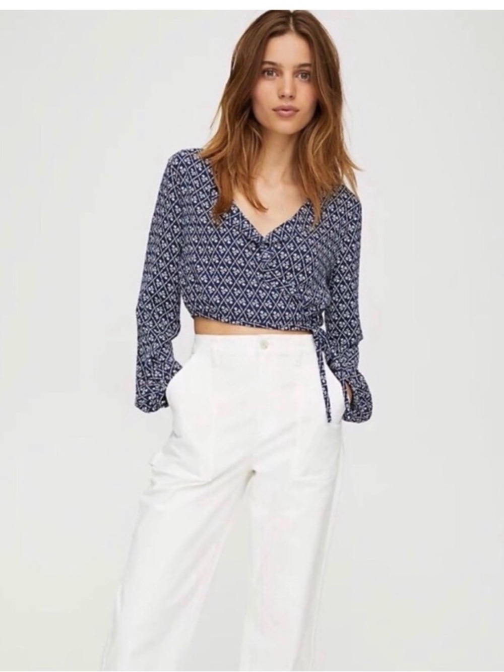 Sunday Best Navy & White Printed Wrap Crop Shirt